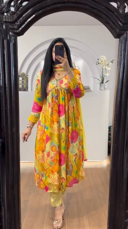 Chinon Printed Aliya Cut Suit With Pant Dupatta