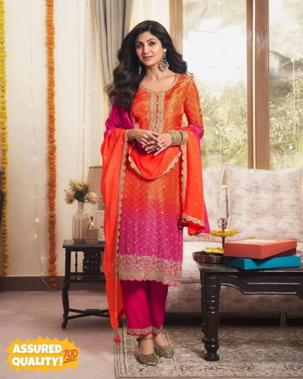 Women-Chinon Silk Fastive Wear With Dupatta Set - Image 9