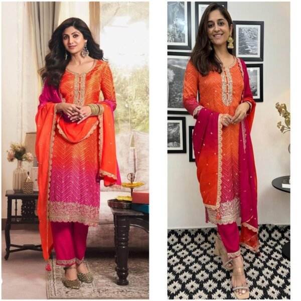 Women-Chinon Silk Fastive Wear With Dupatta Set - Image 4