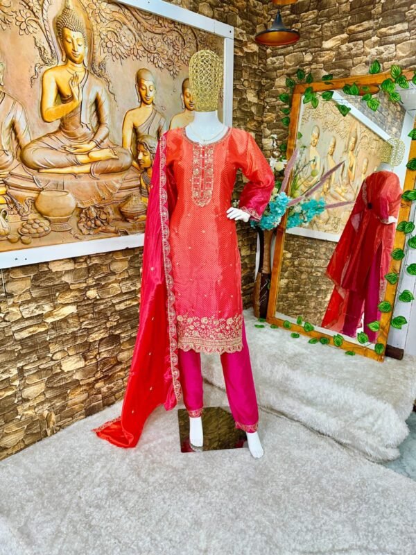 Women-Chinon Silk Fastive Wear With Dupatta Set - Image 5