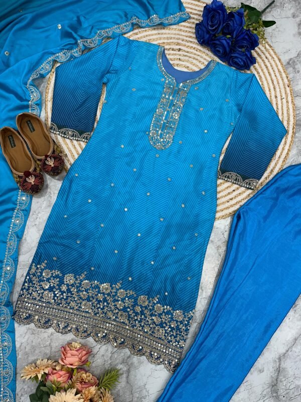 Women-Chinon Silk Fastive Wear With Dupatta Set - Image 6