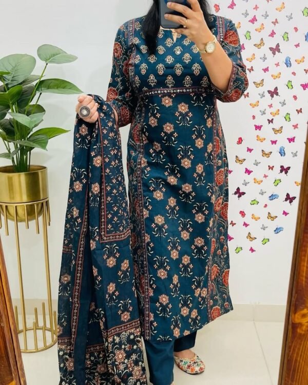 Pure fine Cotton fabric Kurti with Pant Blue
