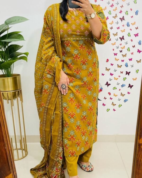 Pure fine Cotton fabric Kurti with Pant Dark Yellow