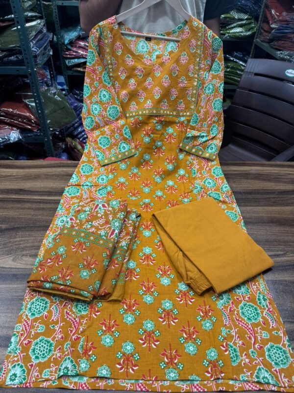 Pure fine Cotton fabric Kurti with Pant Dark Yellow